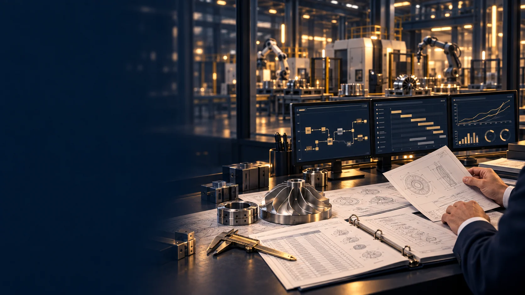 Engineering documents, industrial components and business workstations beside a factory production line